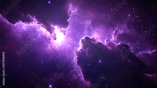 Majestic purple nebula clouds, scattered diamond-like stars, cosmic dust ribbons, deep space atmosphere, rich violet and indigo hues, celestial light rays, astronomical photography style,