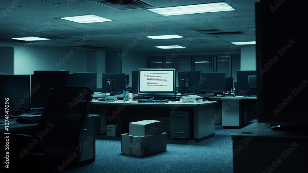 A stark, abandoned office bathed in the cold glow of a computer screen displaying a termination email, Shadows stretch ominously across empty desks, a solitary box of personal items stands as a A stark, abandoned office bathed in the cold glow of a computer screen displaying a termination email, Shadows stretch ominously across empty desks, a solitary box of personal items stands as a