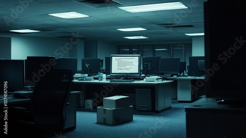 A stark, abandoned office bathed in the cold glow of a computer screen displaying a termination email, Shadows stretch ominously across empty desks, a solitary box of personal items stands as a