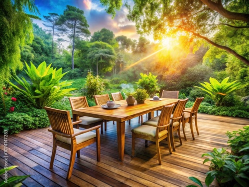 Outdoor Dining Area in Nature with Lush Greenery and Wooden Furniture, Perfect for Gatherings and Relaxing Meals, Inviting Atmosphere for Family and Friends, Natural Beauty