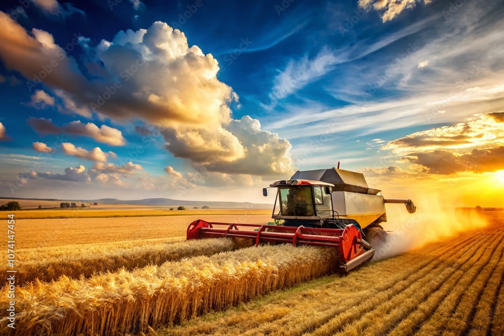 Fototapeta premium Stunning Documentary Photography of a Combine Harvester Working on a Field During Harvest Season, Showcasing Agricultural Machinery in Action Amidst Golden Crops and Clear Sky