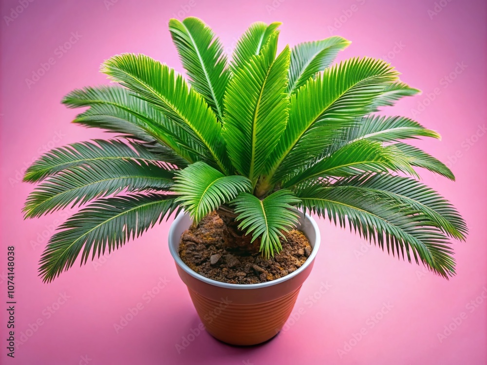 Obraz premium Stunning Drone Photography of Cycas Revoluta in a Speckled Pot Against a Soft Pink Backdrop, Showcasing Nature's Beauty and Elegance in a Unique Floral Arrangement