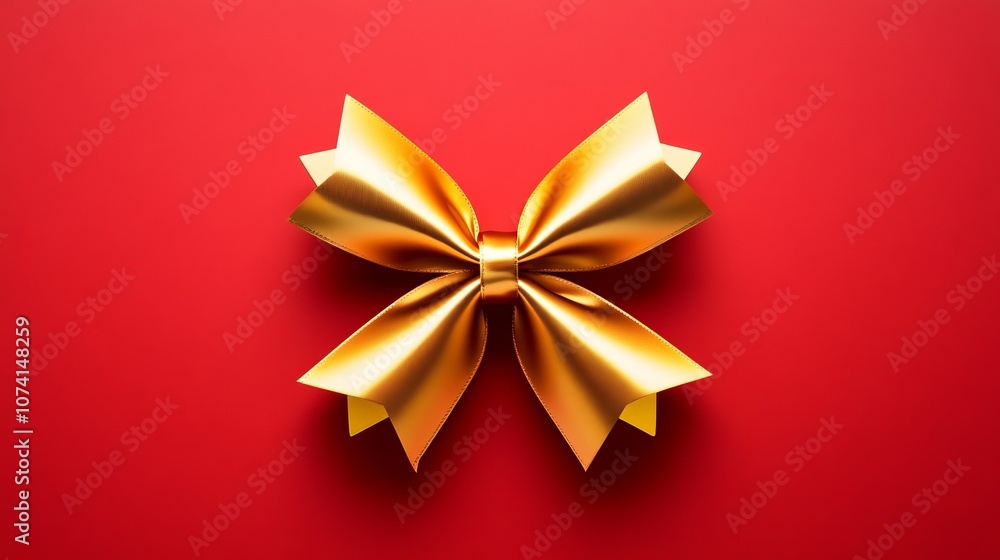 Golden ribbon bow on red background, flat top view design with white space, suitable for gift cards, holiday greetings, Christmas gifts, and New Year promotion banners, with surreal details Golden ribbon bow on red background, flat top view design with white space, suitable for gift cards, holiday greetings, Christmas gifts, and New Year promotion banners, with surreal details