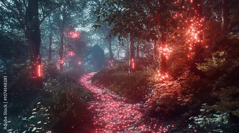 Fototapeta premium A mystical forest path with glowing red lights.