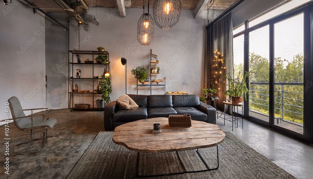 Industrial Living Room with Concrete Flooring, Metal Coffee Table, and Edison Bulb Lighting Industrial Living Room with Concrete Flooring, Metal Coffee Table, and Edison Bulb Lighting