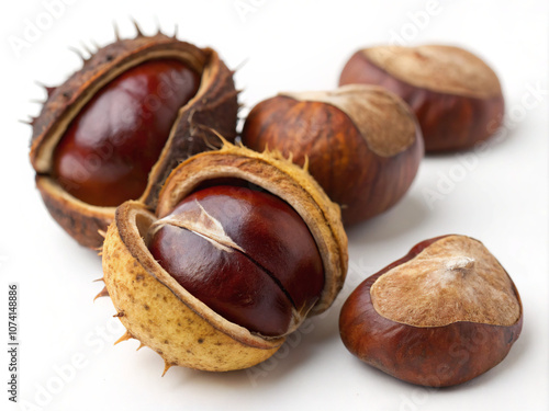 chestnuts on white background. chestnut, autumn, brown, nut, food, chestnuts, fruit, isolated, fall, nature, tree, white, nuts, closeup, shell, season, conker, hazelnut, macro, seasonal, conkers, natu