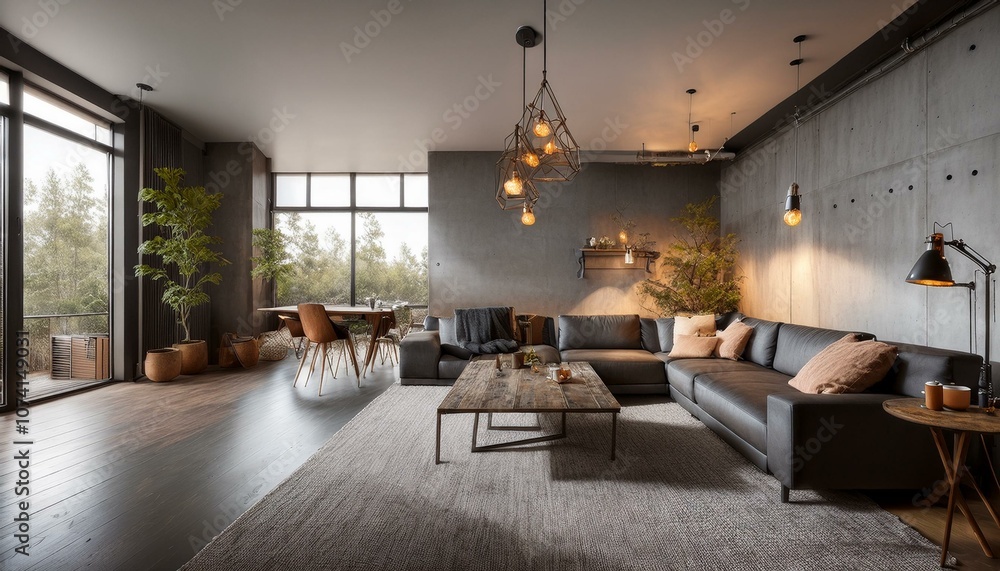 Fototapeta premium Industrial Living Room with Concrete Flooring, Metal Coffee Table, and Edison Bulb Lighting
