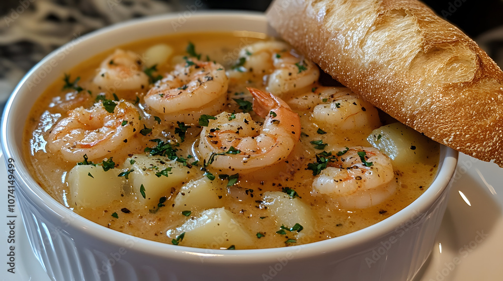 Delicious bowl of creamy New Orleans-style shrimp and potato soup topped with a generous sprinkle of fresh herbs and spices, capturing the rich and hearty flavors of Southern cuisine in a warm, inviti Delicious bowl of creamy New Orleans-style shrimp and potato soup topped with a generous sprinkle of fresh herbs and spices, capturing the rich and hearty flavors of Southern cuisine in a warm, inviti
