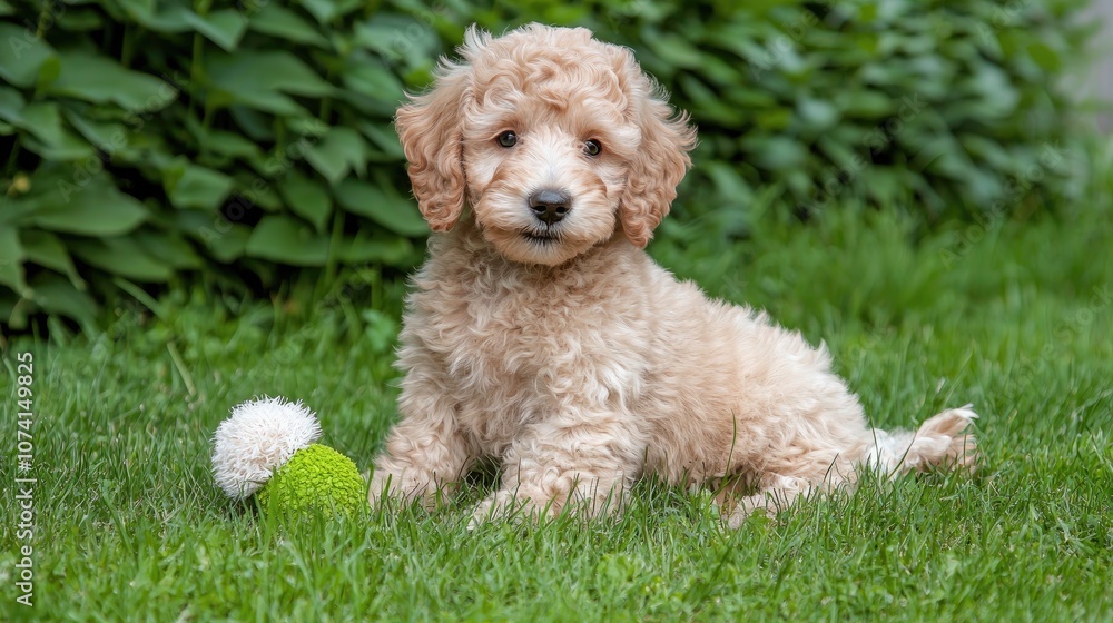 Playful puppy enjoys a sunny day in the grass with a fun toy ball Playful puppy enjoys a sunny day in the grass with a fun toy ball