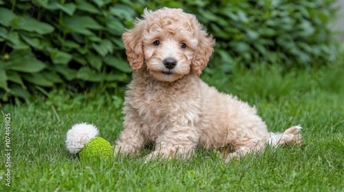 Playful puppy enjoys a sunny day in the grass with a fun toy ball