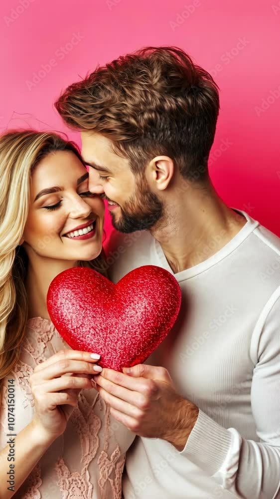 A couple smiles and holds a heart-shaped object in front of a pink background A couple smiles and holds a heart-shaped object in front of a pink background