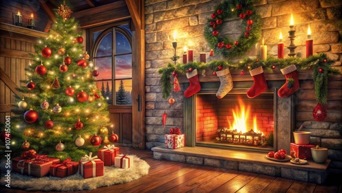 Surreal Christmas Fireplace with Tree Decorations and Candles