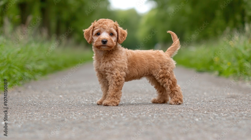 Playful puppy stands proudly on a scenic path surrounded by nature's beauty Playful puppy stands proudly on a scenic path surrounded by nature's beauty