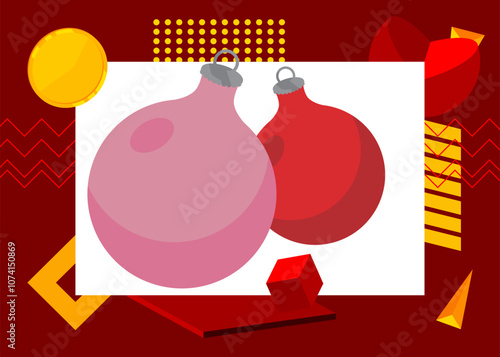 Christmas decoration ball geometrical graphic retro theme background. Minimal geometric elements. Vintage abstract shapes vector illustration.