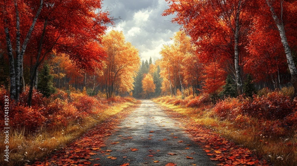 Naklejka premium A scenic autumn road surrounded by vibrant orange foliage.