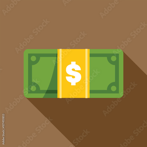 Green wad of cash with yellow strap and dollar sign, representing savings, investment, and finance