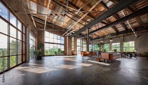 Wallpaper Mural Open-Concept Industrial Loft with Floor-to-Ceiling Windows, Metal Beams, and Concrete Floors Torontodigital.ca