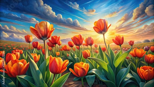 Vibrant Red-Orange Tulips Field Under Light Blue Sky - Impressionistic Floral Oil Painting