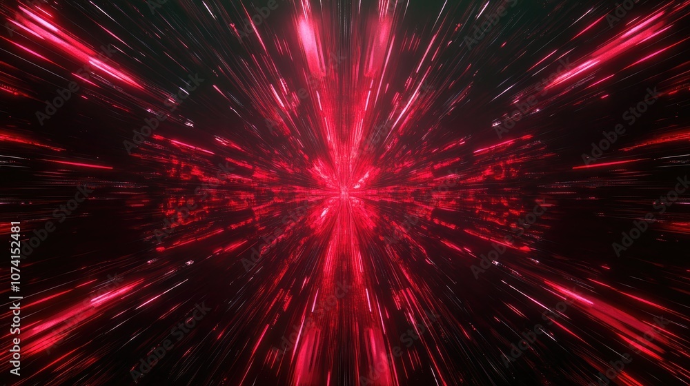 Futuristic abstract background featuring dark neon red tones with rays lines and symmetrical reflections set against a dark space 3D digital illustration Futuristic abstract background featuring dark neon red tones with rays lines and symmetrical reflections set against a dark space 3D digital illustration