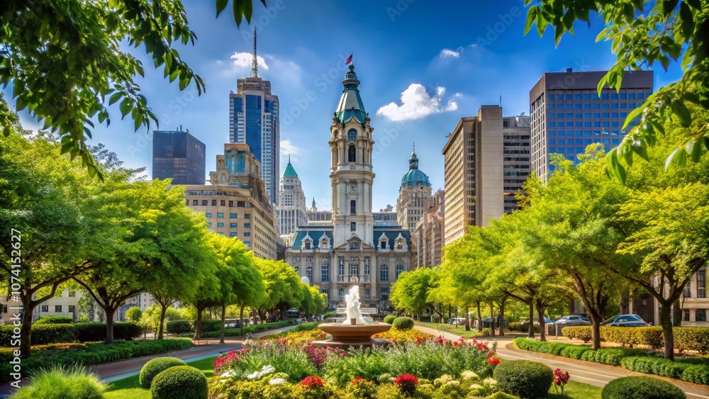 Fototapeta premium Stunning View of Philadelphia City Hall from Logan Square Park Surrounded by Lush Greenery and Urban Architecture Showcasing Historic Landmark Against Clear Blue Sky