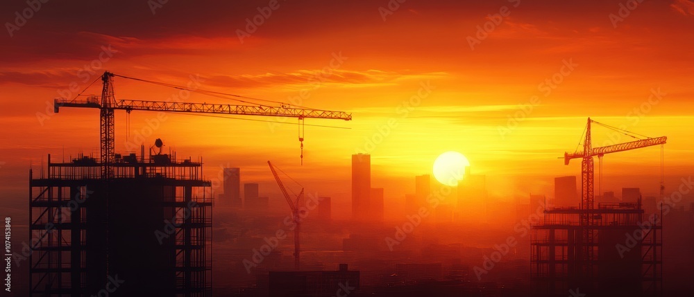 A construction site at sunset, featuring cranes and partially built skyscrapers against a glowing orange skyline. A construction site at sunset, featuring cranes and partially built skyscrapers against a glowing orange skyline.