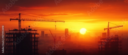 A construction site at sunset, featuring cranes and partially built skyscrapers against a glowing orange skyline.