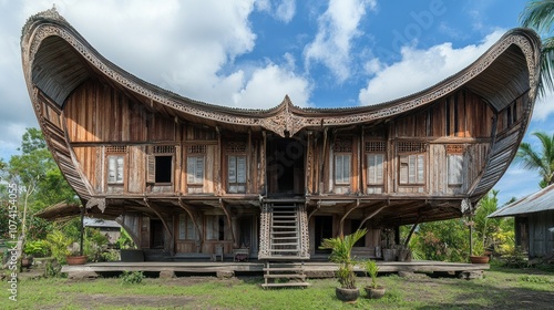 Traditional Indonesian Rumah Gadang House with Curved Roof