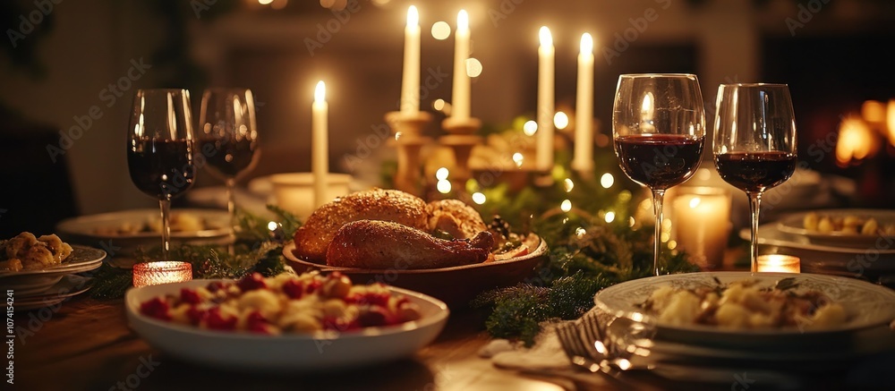 A table set for a special dinner with roasted chicken, side dishes, red wine, and candles. A table set for a special dinner with roasted chicken, side dishes, red wine, and candles.