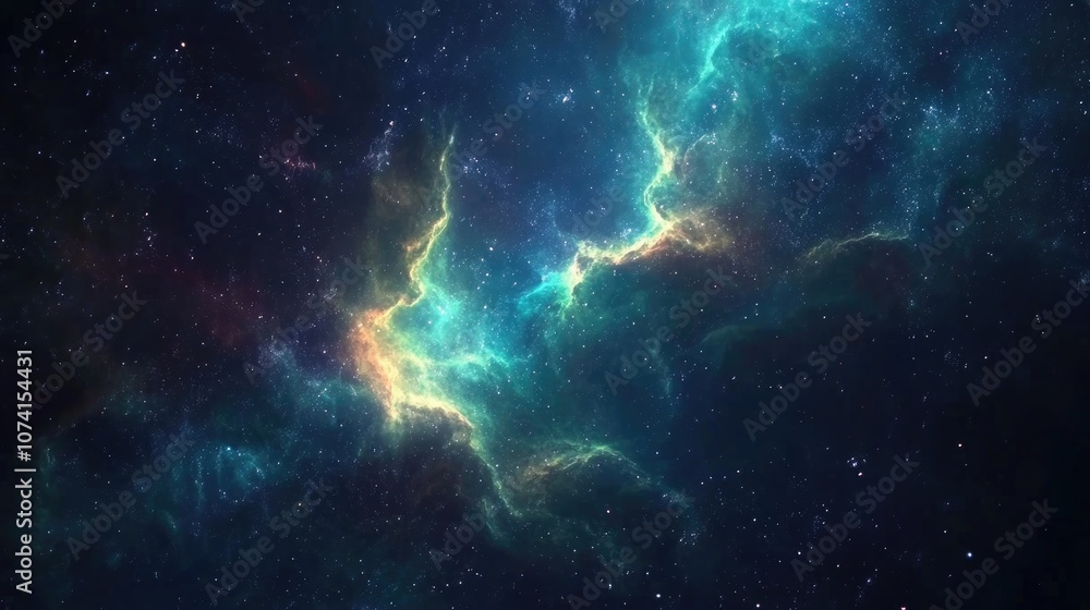 Fototapeta premium Vibrant sci fi illustration of a cosmic backdrop featuring stars and a luminous nebula cloud in deep outer space rendered in 3D