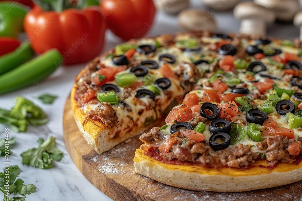A delicious looking pizza with a slice removed and the rest of the pizza on a wooden board. A delicious looking pizza with a slice removed and the rest of the pizza on a wooden board.