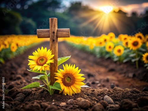 Wooden Cross with Sunflower in Earth - A Minimalist Representation of Faith, Hope, Nature, and Spirituality