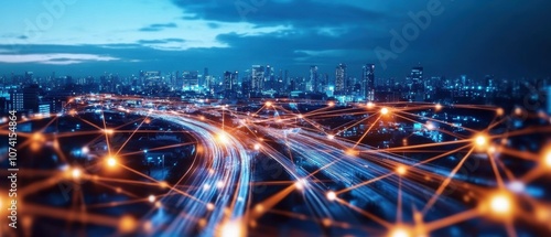 A vibrant cityscape with illuminated highways and interconnected digital nodes, symbolizing a networked and smart city infrastructure.