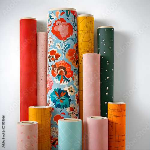 Collection of wallpaper rolls in different colors and textures, placed on a white background