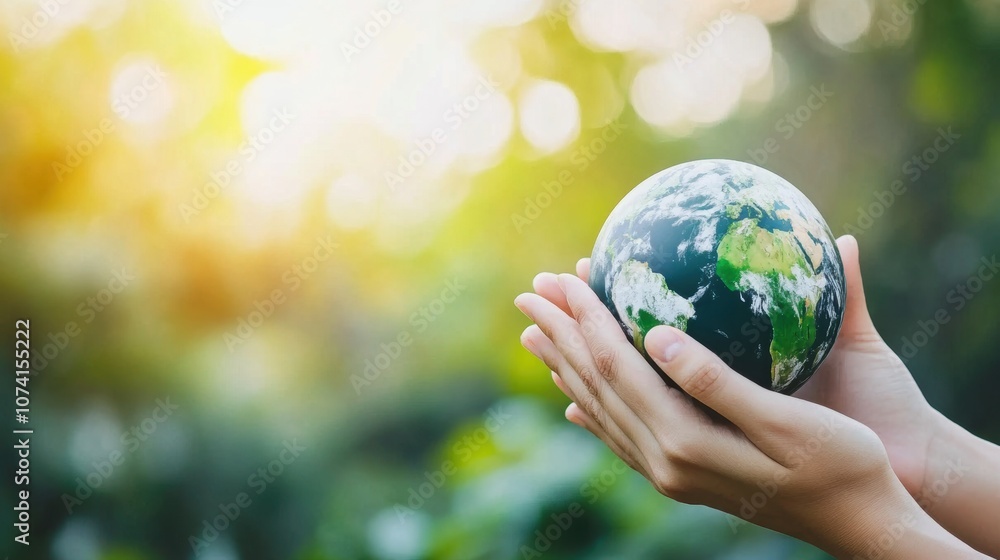 Hands gently holding a small model of Earth with a blurred green background, symbolizing environmental care and global responsibility. Hands gently holding a small model of Earth with a blurred green background, symbolizing environmental care and global responsibility.