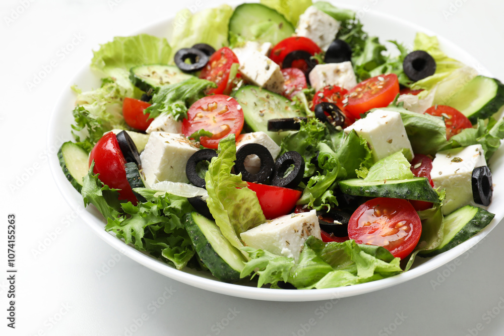 Delicious salad with feta cheese on white marble table, closeup Delicious salad with feta cheese on white marble table, closeup