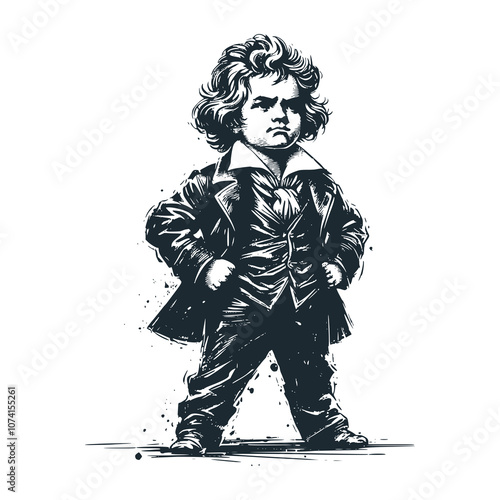 Little boy with chubby cheeks. Black white vector illustration.
