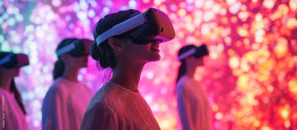 A group of people wearing VR headsets stand in a brightly lit room, experiencing virtual reality. A group of people wearing VR headsets stand in a brightly lit room, experiencing virtual reality.