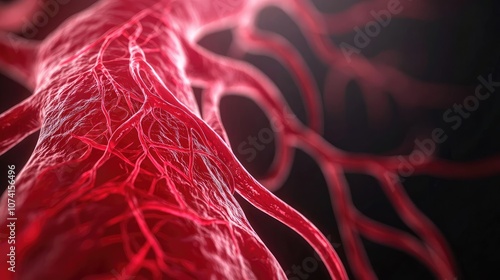 Close-up of intricate red blood vessel structure on a dark background.