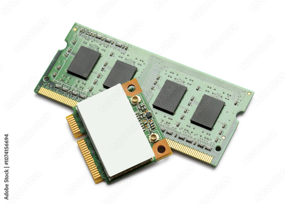 Wi-Fi card and RAM chip isolated on white. Electronic engineering Wi-Fi card and RAM chip isolated on white. Electronic engineering