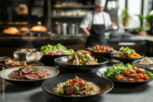 A table set with a variety of delicious-looking dishes, including a chef in the background.