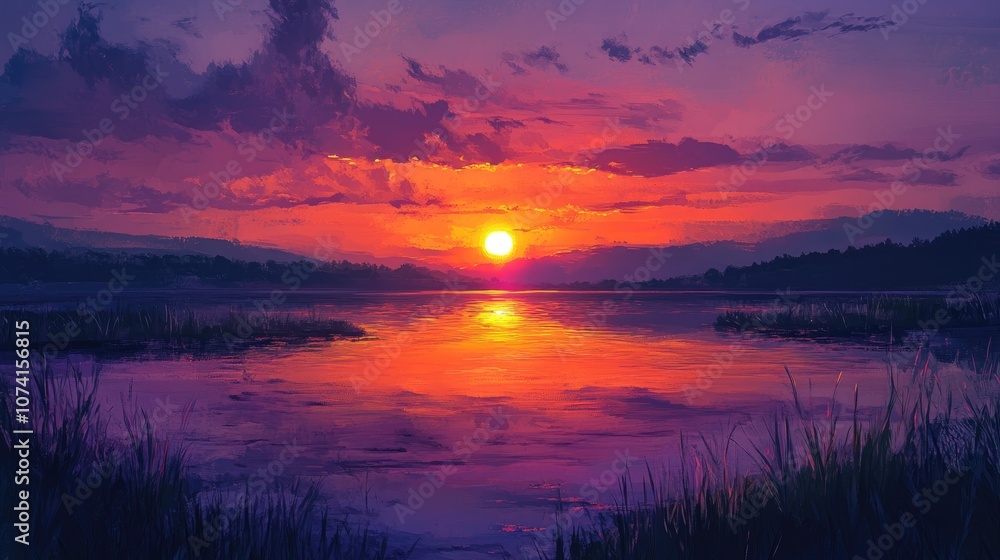 Fototapeta premium Vibrant sunset over a tranquil water body creating a serene atmosphere with reflections and hues of orange and purple in the sky