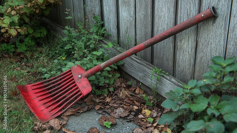 A red garden rake resting against a wooden fence in a yard. A red garden rake resting against a wooden fence in a yard.