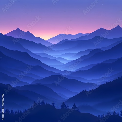 A serene landscape showcasing layers of blue mountains at twilight, with subtle purple and pink hues in the sky, evoking a tranquil and peaceful mood.