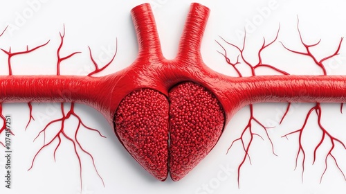 Red heart and blood vessels on white isolated background.