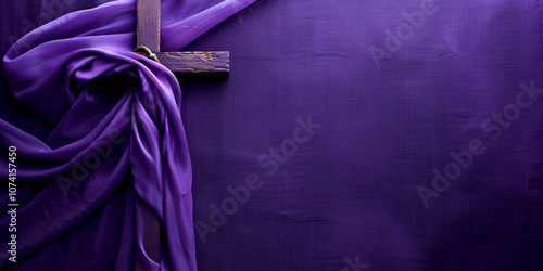 Cross Draped in Purple Fabric for Lent, Christian Symbol with Draped Cloth on Violet Background