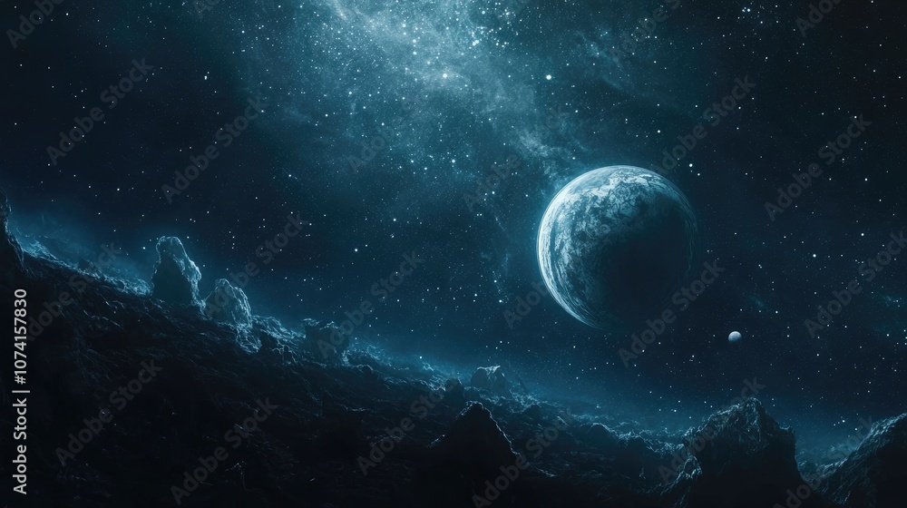 2D illustration of expansive space featuring stars planets and moons Diverse science fiction backdrops showcasing space art and alien solar systems with a realistic touch 2D illustration of expansive space featuring stars planets and moons Diverse science fiction backdrops showcasing space art and alien solar systems with a realistic touch