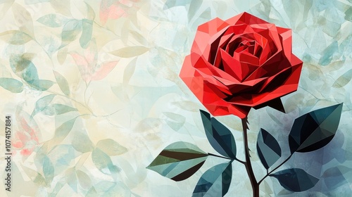 Fototapeta Naklejka Na Ścianę i Meble -  Abstract illustration of a red rose created with origami techniques featuring a floral decorative background