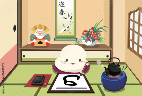 お正月素材　巳年　書き初め　和室
