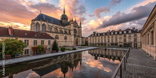 Surreal Interpretation of the Basilica of Saint Urban in Troyes, France, with Dreamlike Elements and Ethereal Lighting Surrounding the Historic Architecture