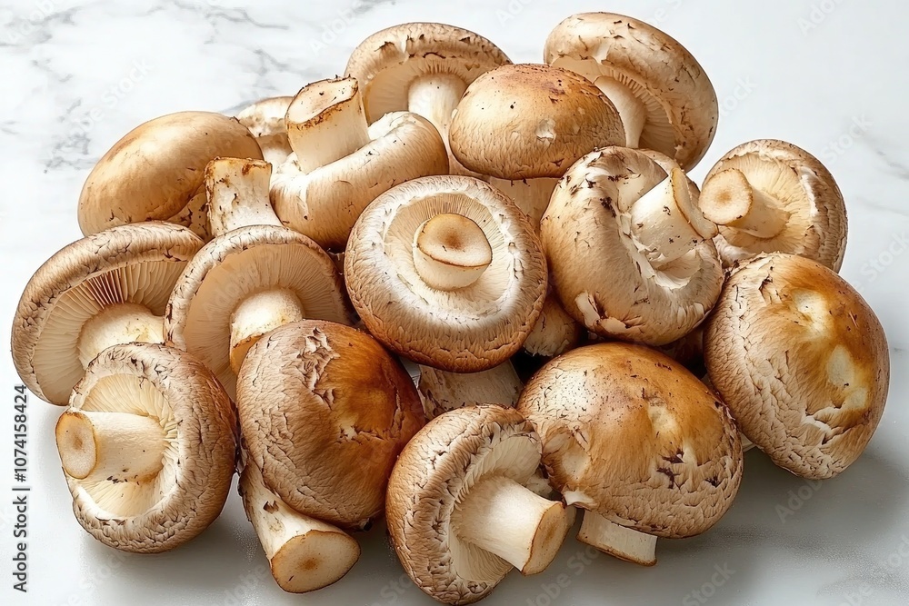 Fresh Brown Mushrooms Close Up on White Marble Surface Fresh Brown Mushrooms Close Up on White Marble Surface
